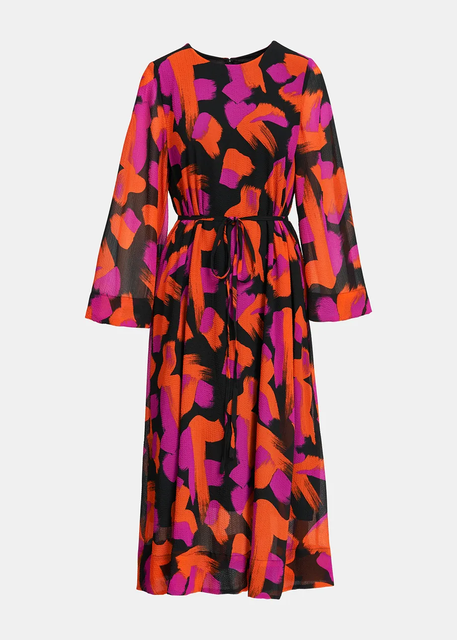 Black, orange and purple abstract-print maxi dress