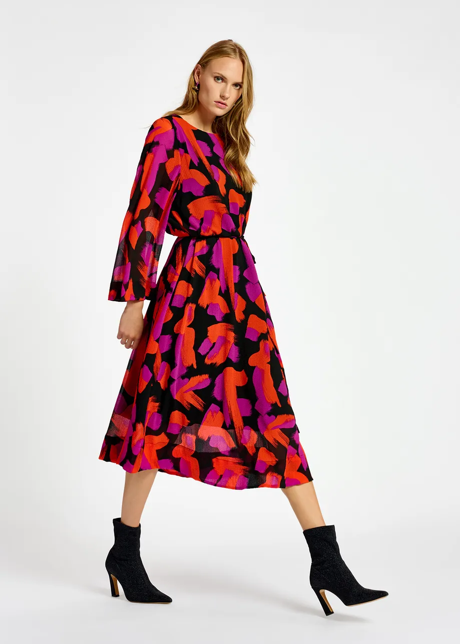 Black, orange and purple abstract-print maxi dress