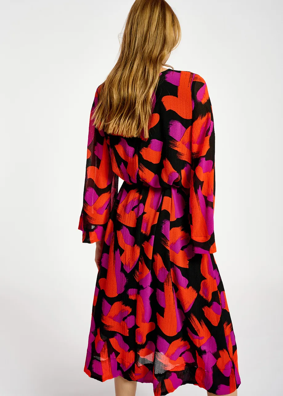 Black, orange and purple abstract-print maxi dress