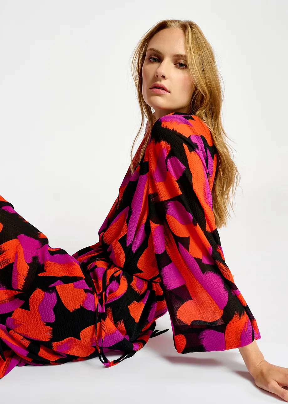 Black, orange and purple abstract-print maxi dress