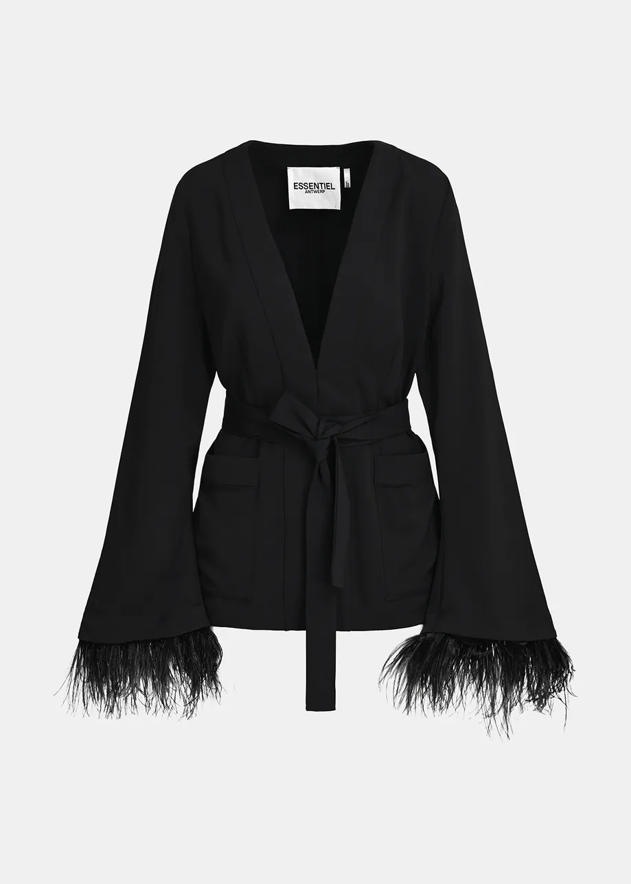 Black belted viscose-satin jacket with ostrich feather fringe