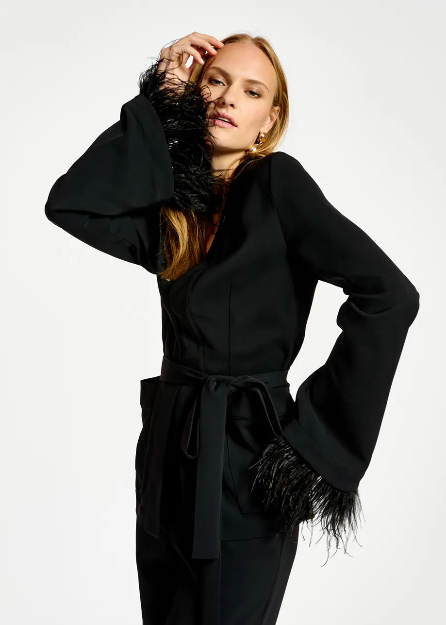 Black belted viscose-satin jacket with ostrich feather fringe