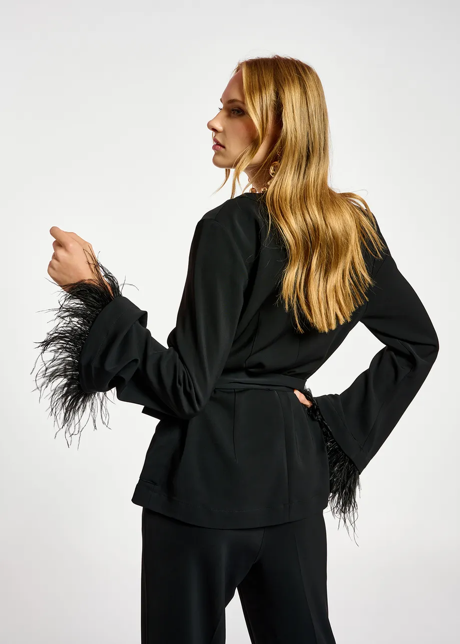 Black belted viscose-satin jacket with ostrich feather fringe