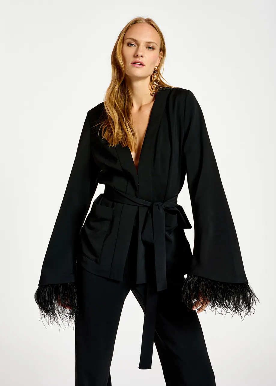 Black belted viscose-satin jacket with ostrich feather fringe