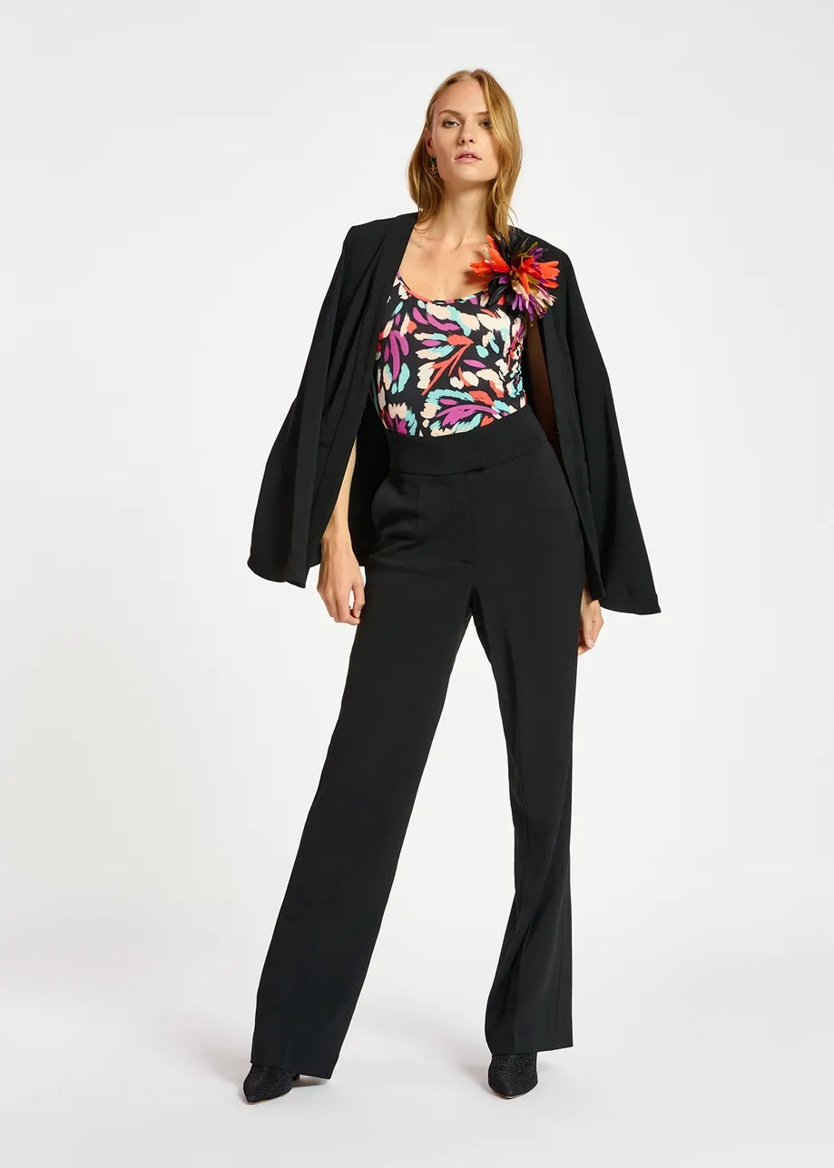 Black belted viscose-satin jacket with ostrich feather fringe