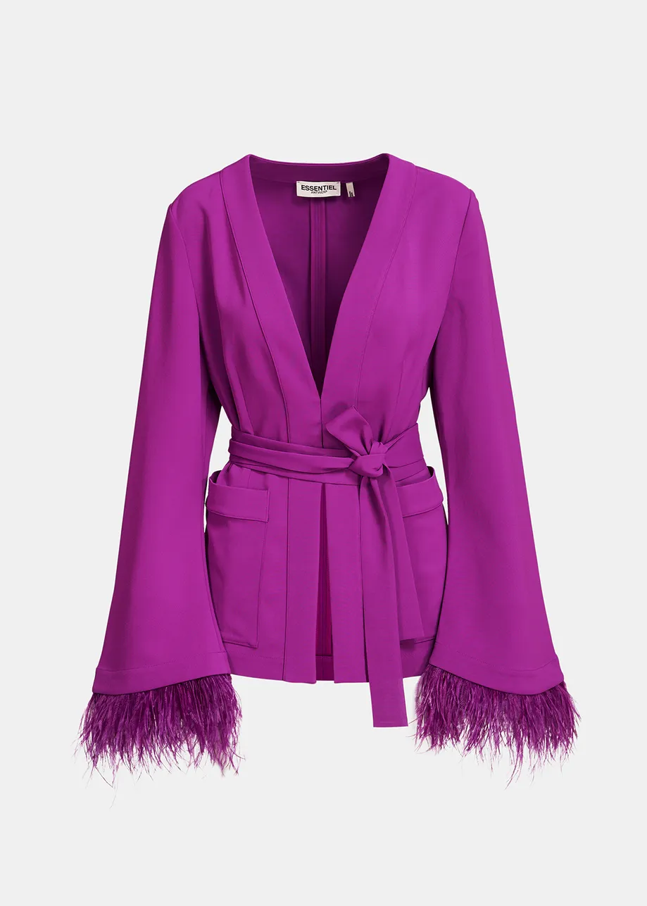 Purple belted viscose-satin jacket with ostrich feather fringe