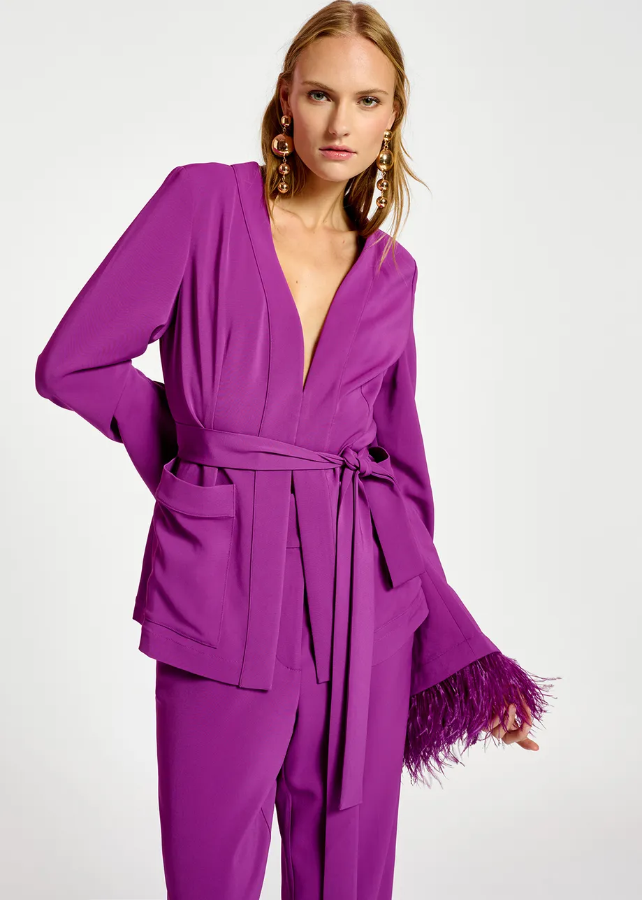 Purple belted viscose-satin jacket with ostrich feather fringe