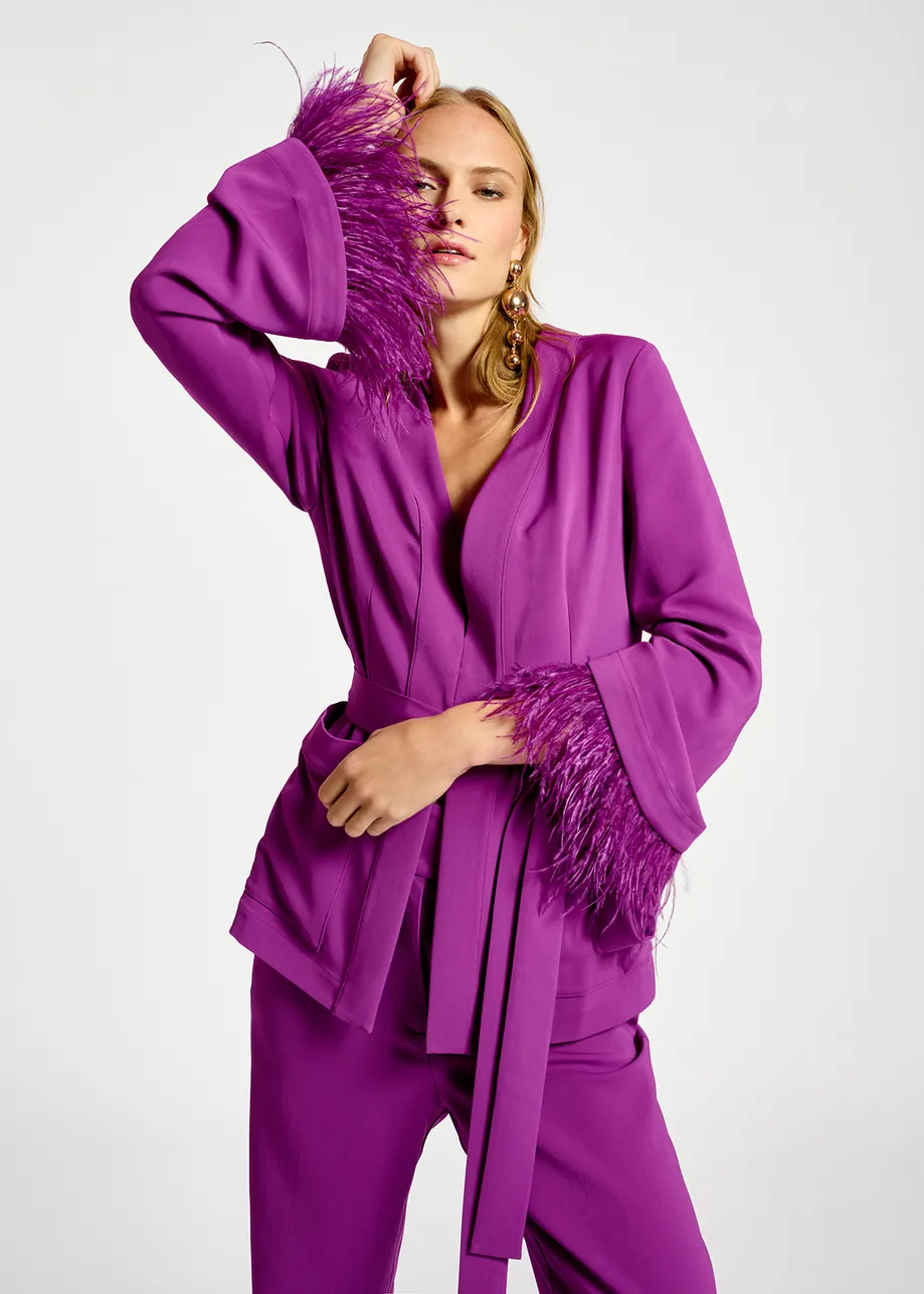 Purple belted viscose-satin jacket with ostrich feather fringe