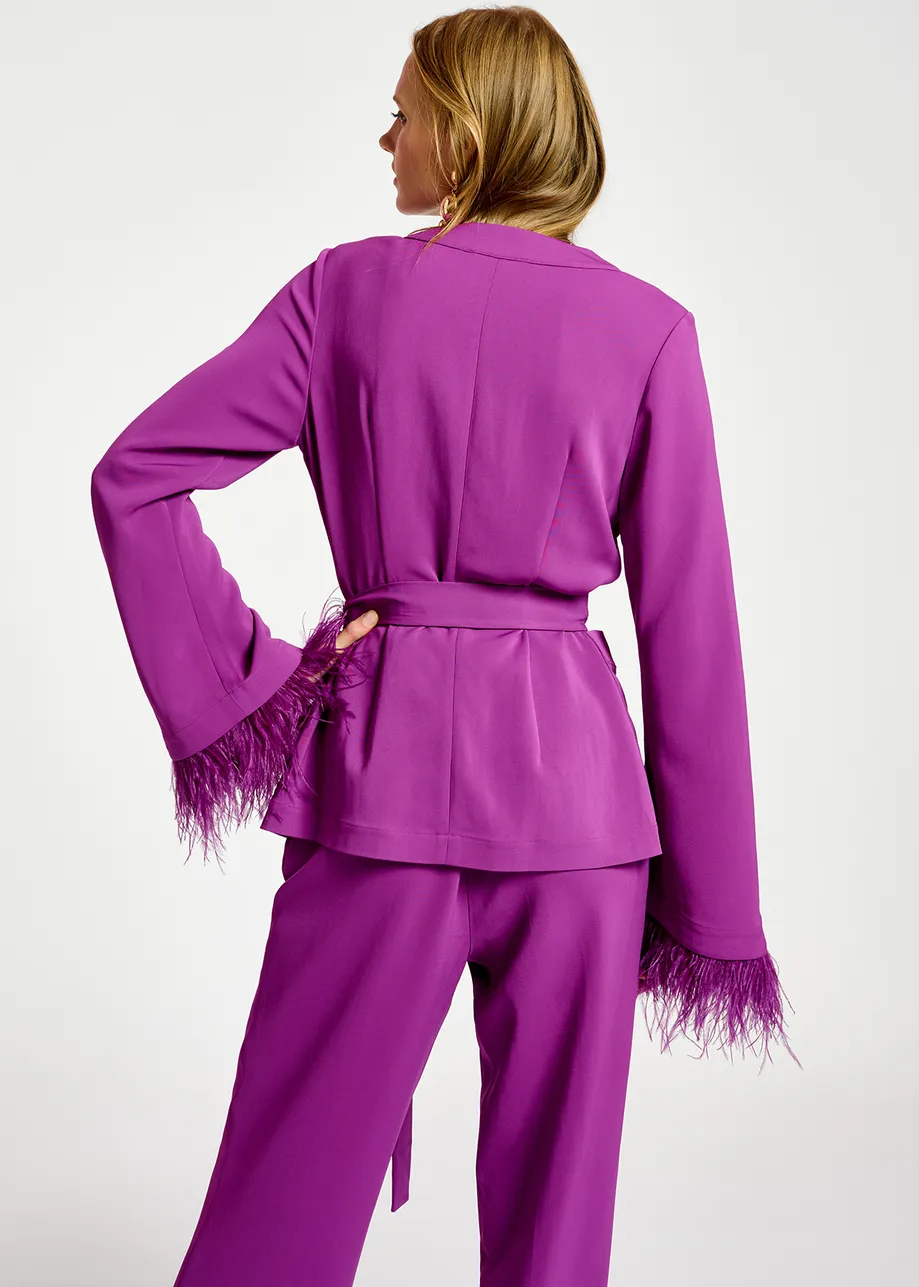 Purple belted viscose-satin jacket with ostrich feather fringe