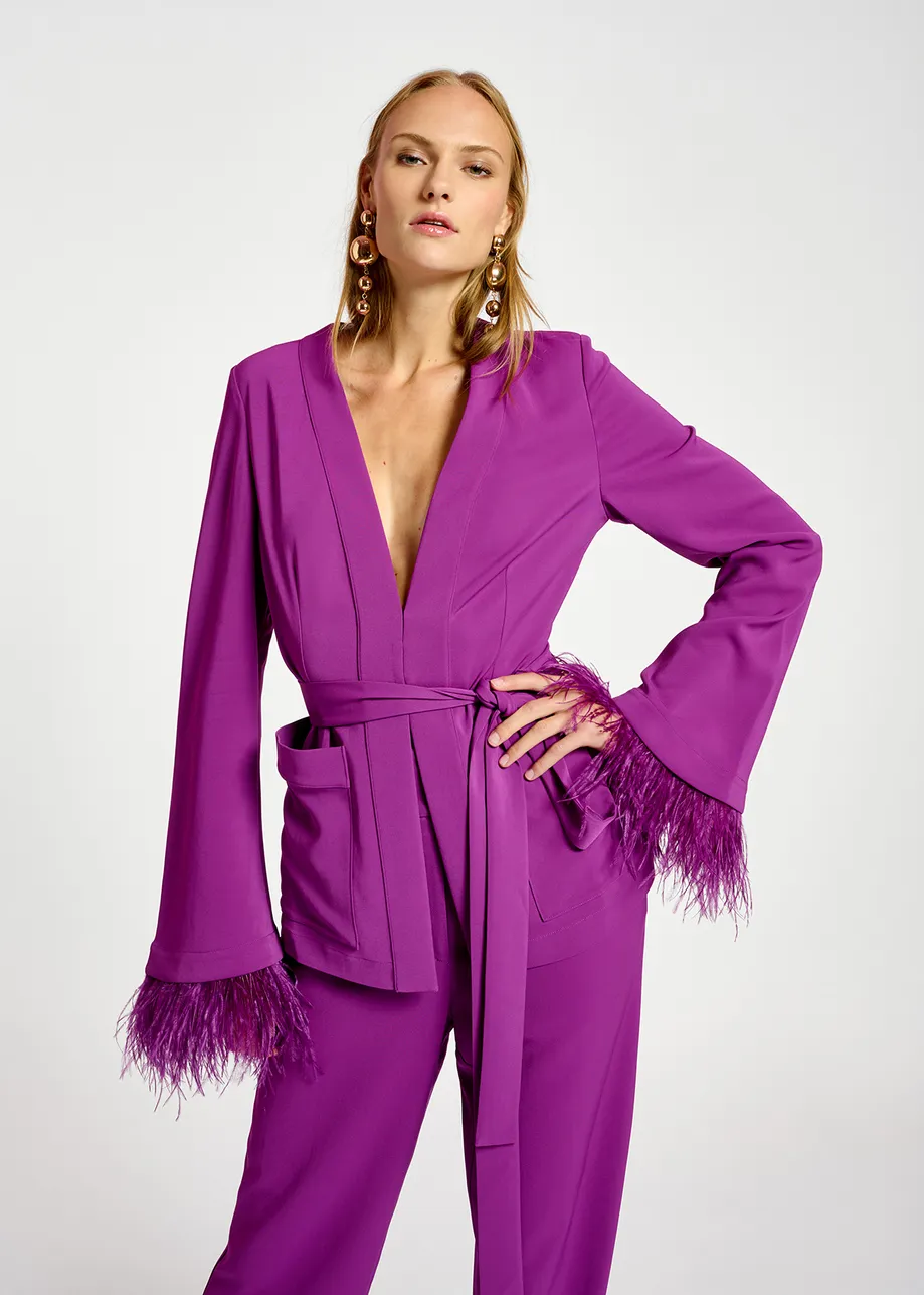 Purple belted viscose-satin jacket with ostrich feather fringe