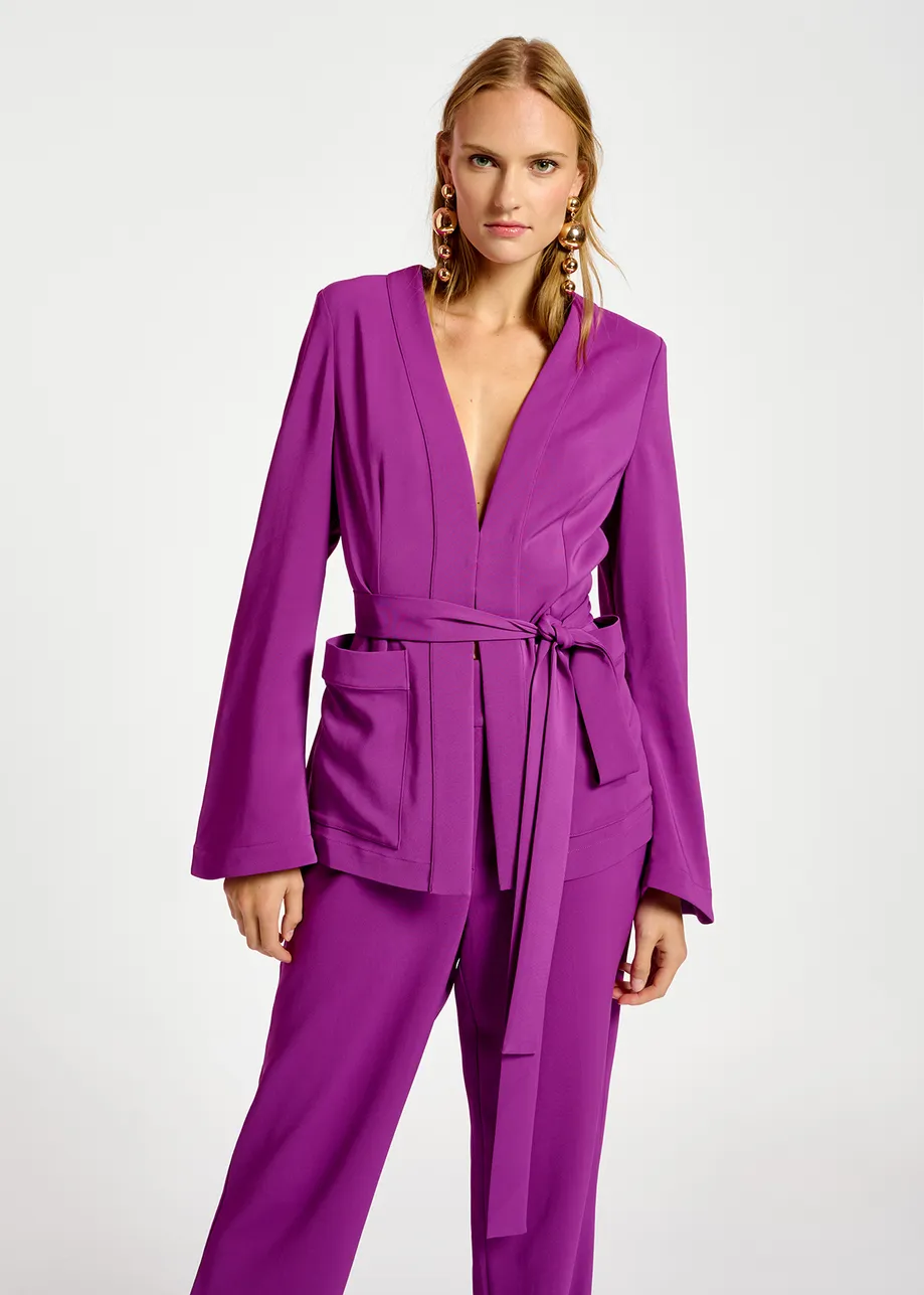 Purple belted viscose-satin jacket with ostrich feather fringe