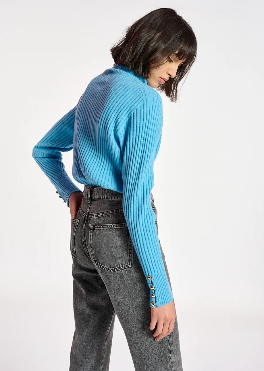 Blue rib-knitted turtleneck sweater