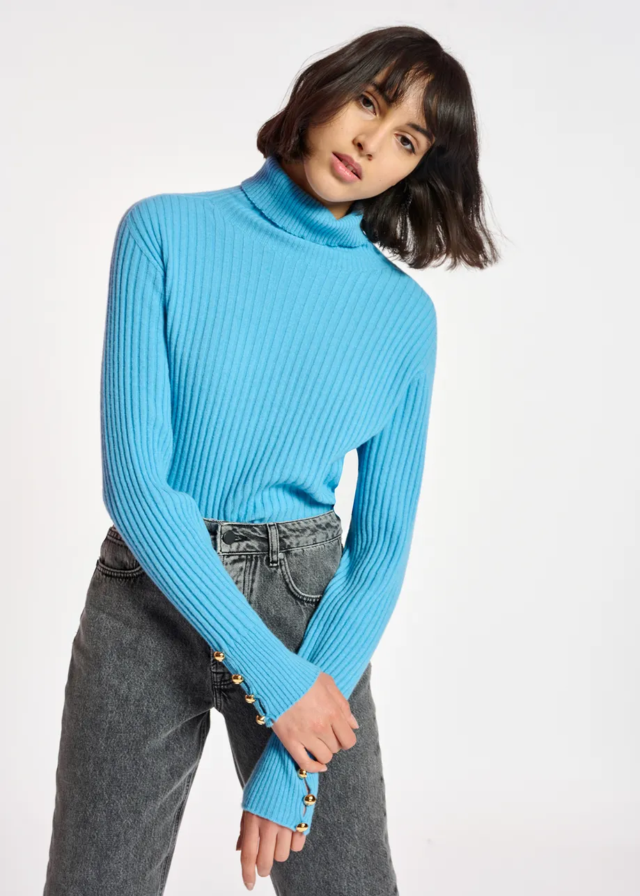 Blue rib-knitted turtleneck sweater