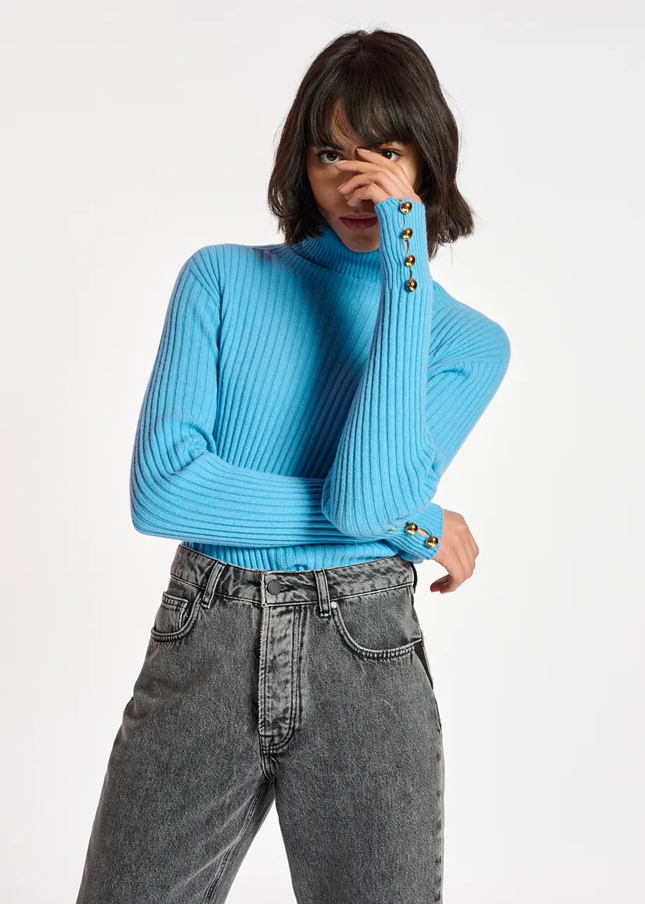 Blue rib-knitted turtleneck sweater