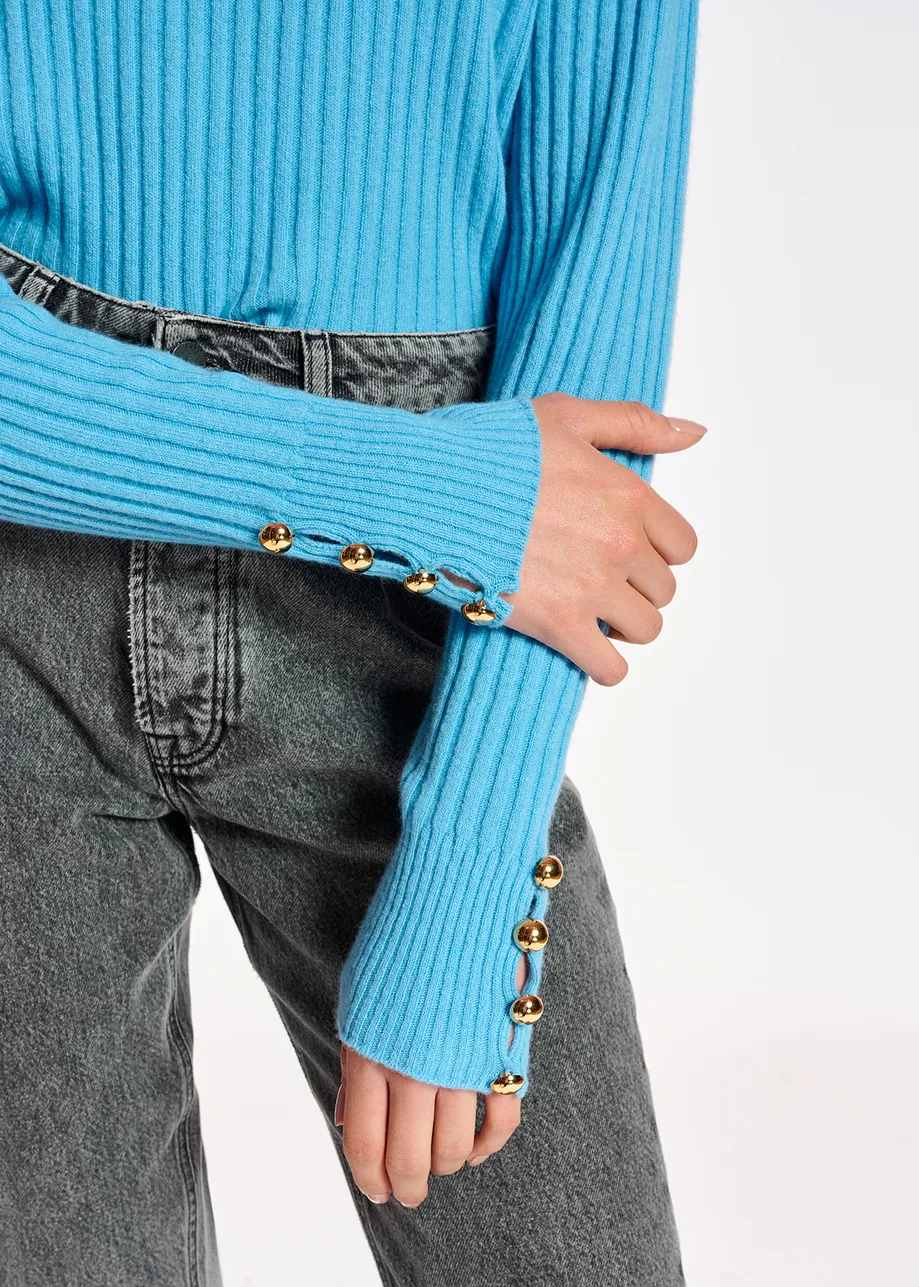 Blue rib-knitted turtleneck sweater