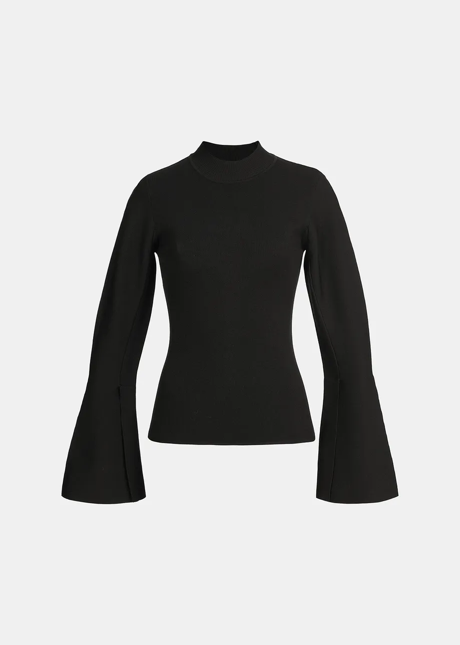 Black slim-fit knit sweater with trumpet sleeves