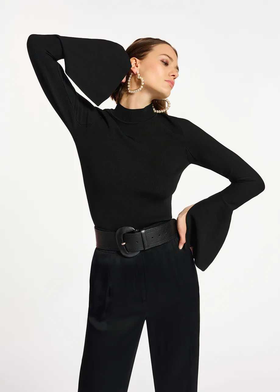 Black slim-fit knit sweater with trumpet sleeves