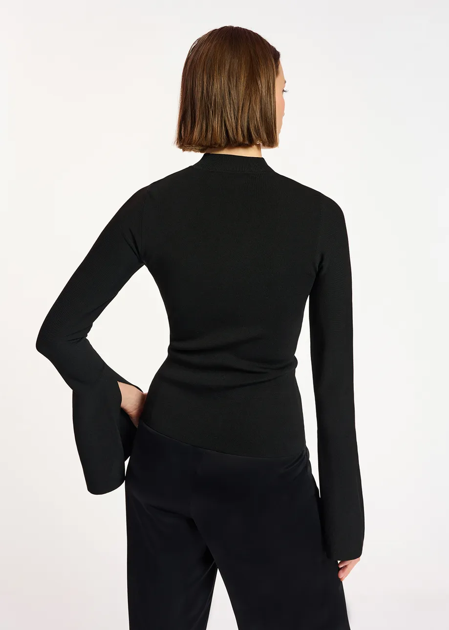 Black slim-fit knit sweater with trumpet sleeves