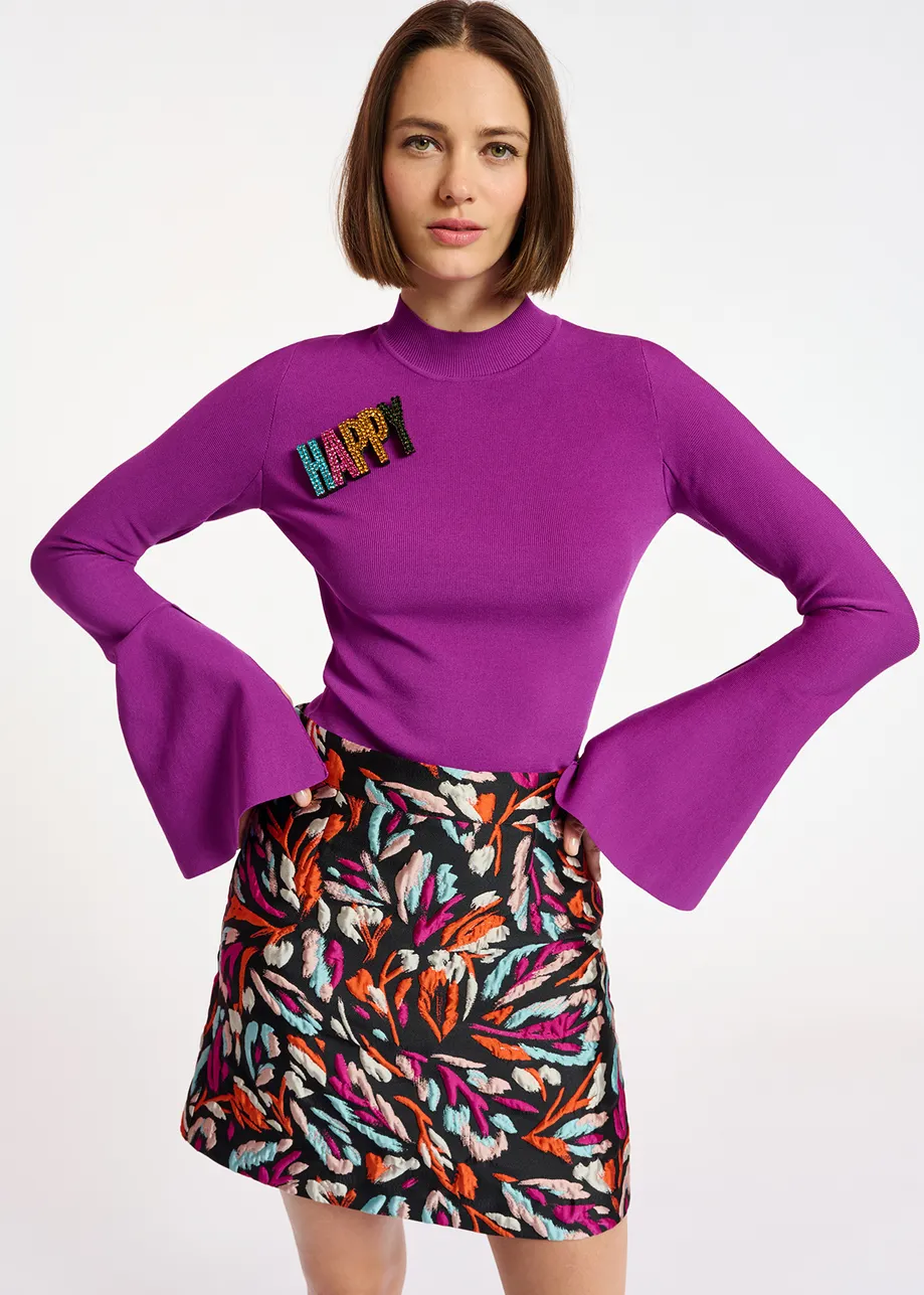 Purple slim-fit knit sweater with trumpet sleeves