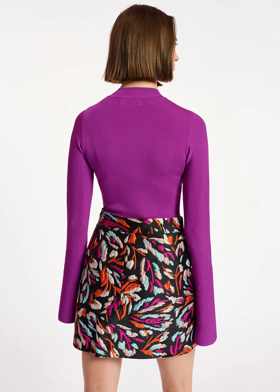 Purple slim-fit knit sweater with trumpet sleeves