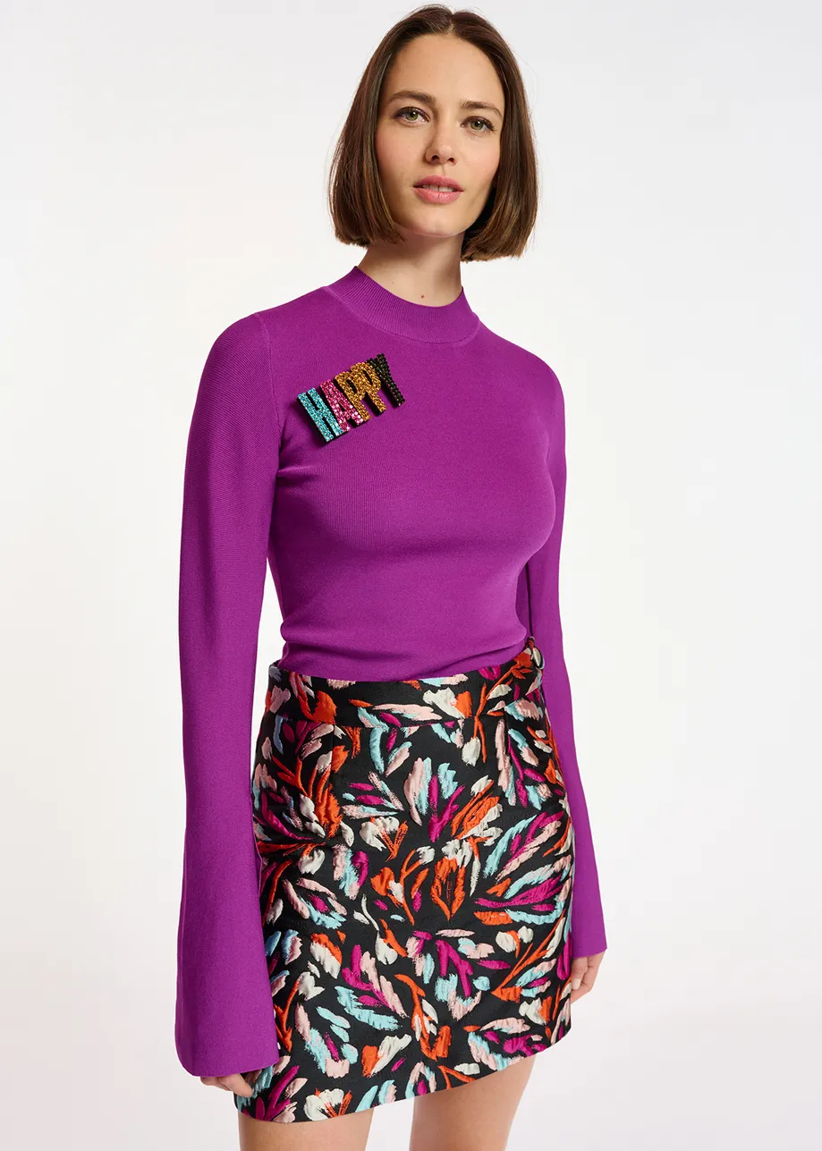 Purple slim-fit knit sweater with trumpet sleeves