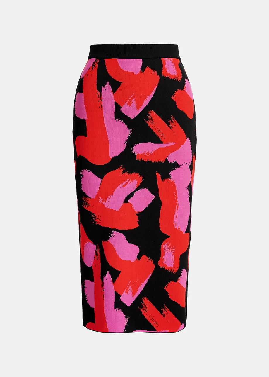 Black, red and fuchsia jacquard-knit midi skirt