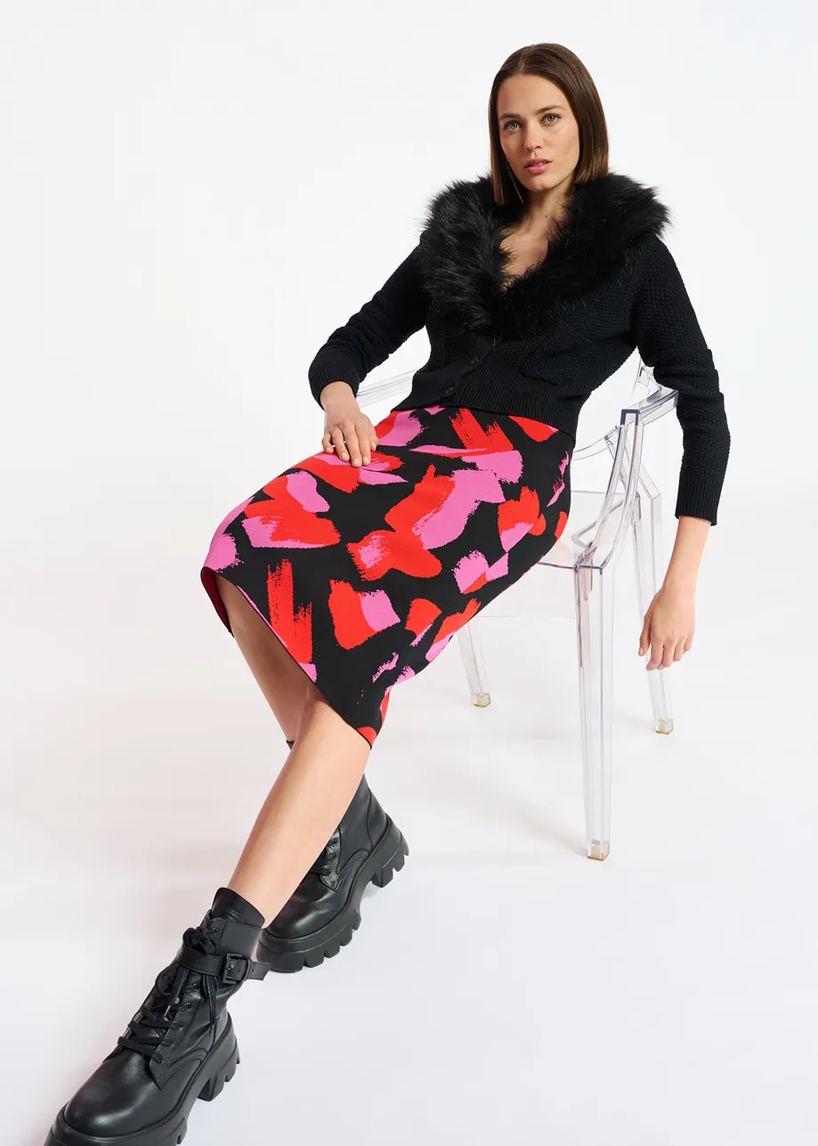 Black, red and fuchsia jacquard-knit midi skirt