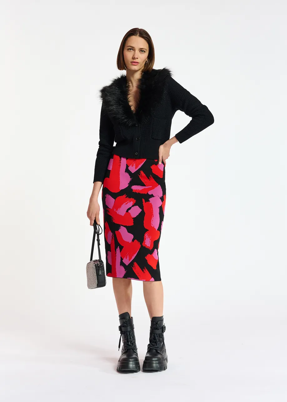 Black, red and fuchsia jacquard-knit midi skirt