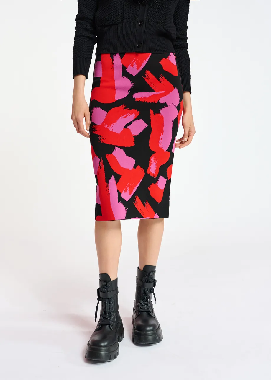 Black, red and fuchsia jacquard-knit midi skirt