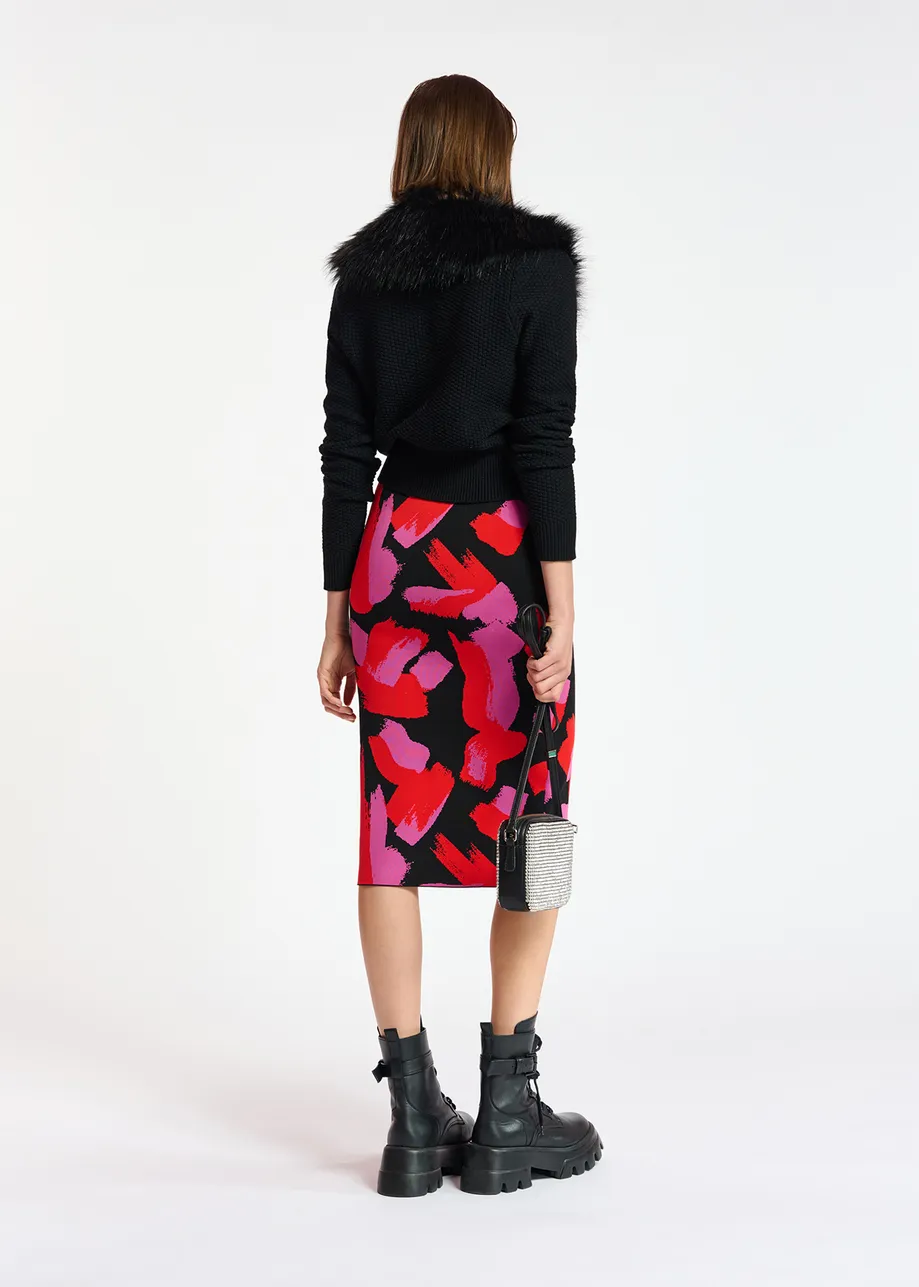 Black, red and fuchsia jacquard-knit midi skirt