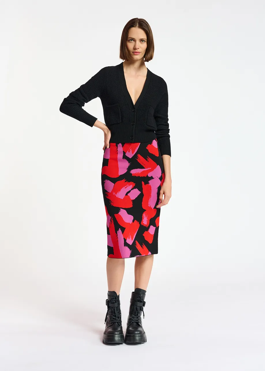 Black, red and fuchsia jacquard-knit midi skirt