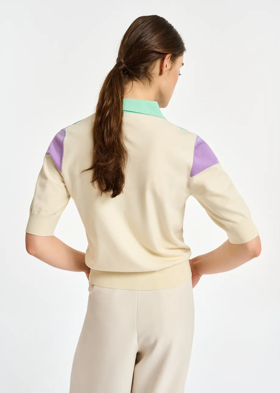 Off-white, lilac and mint green knitted polo top