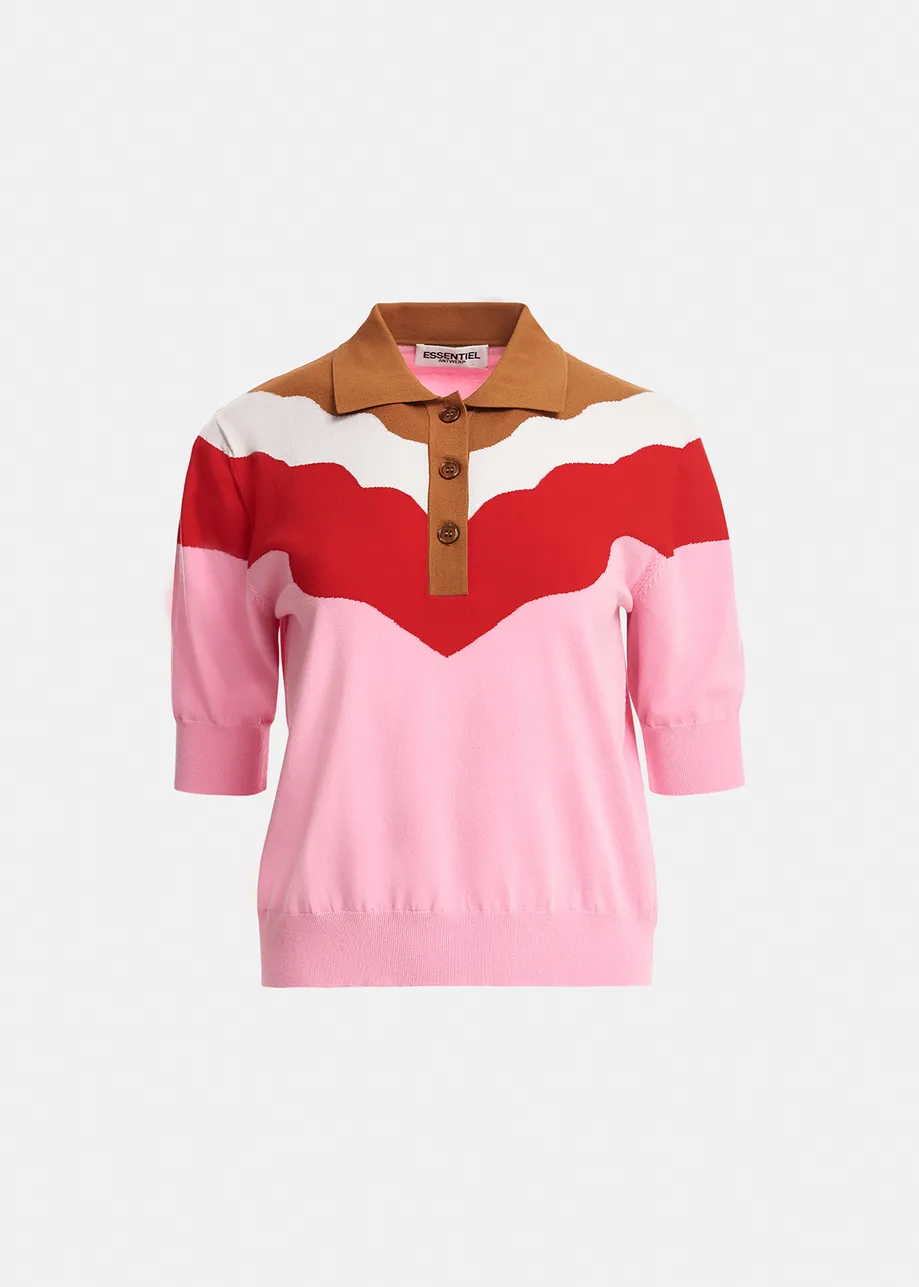 Gebreide polotop in roze, rood en bruin