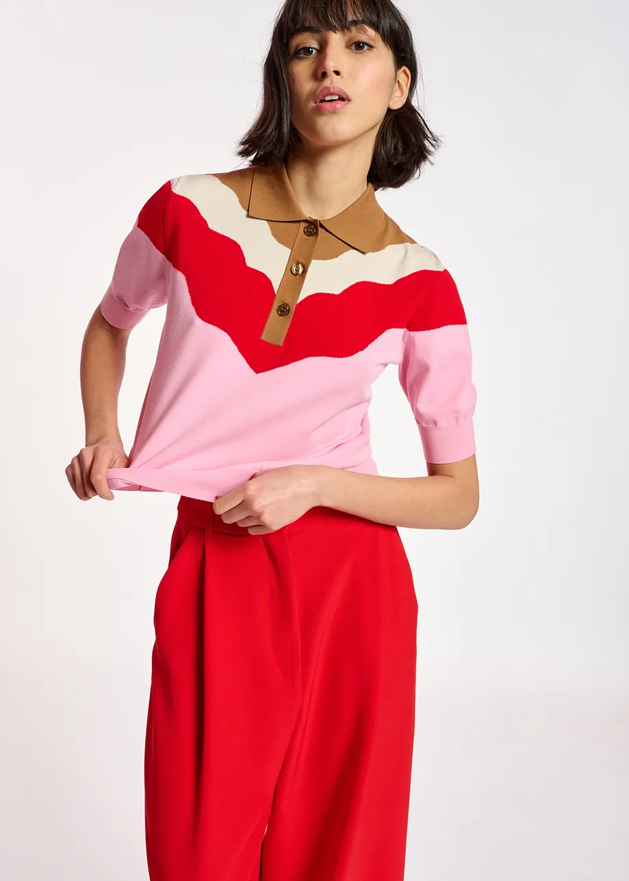 Pink, red and brown knitted polo top