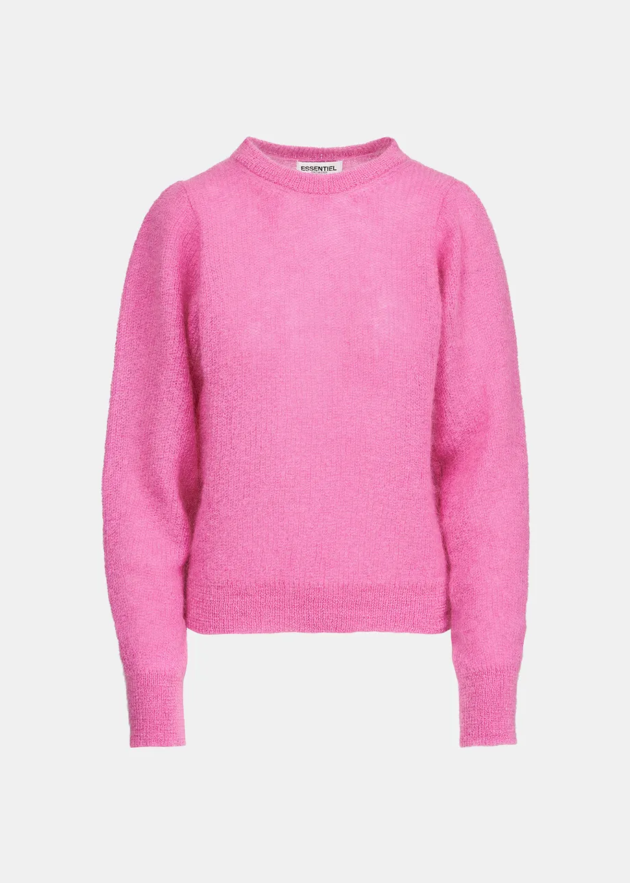 Neon pink mohair-blend knit sweater with puffed shoulders