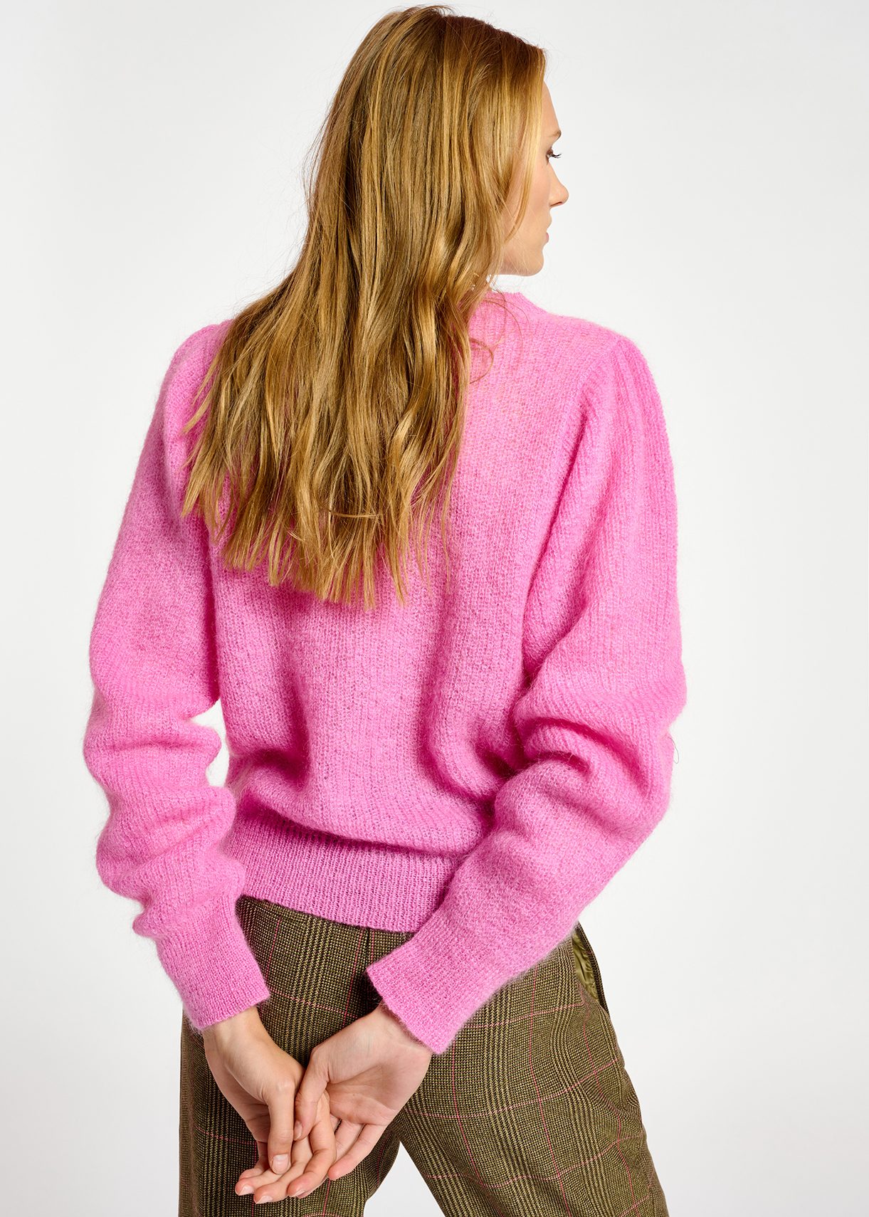 Neon pink mohair-blend knit sweater with puffed shoulders