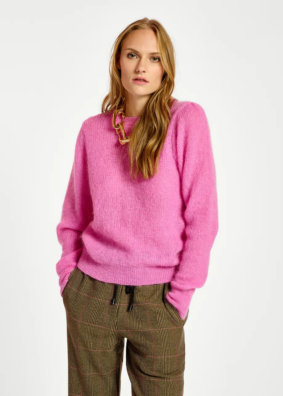 Neon pink mohair-blend knit sweater with puffed shoulders