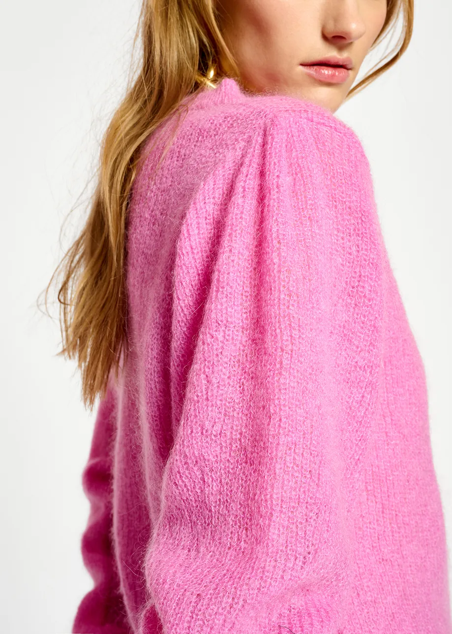 Neon pink mohair-blend knit sweater with puffed shoulders