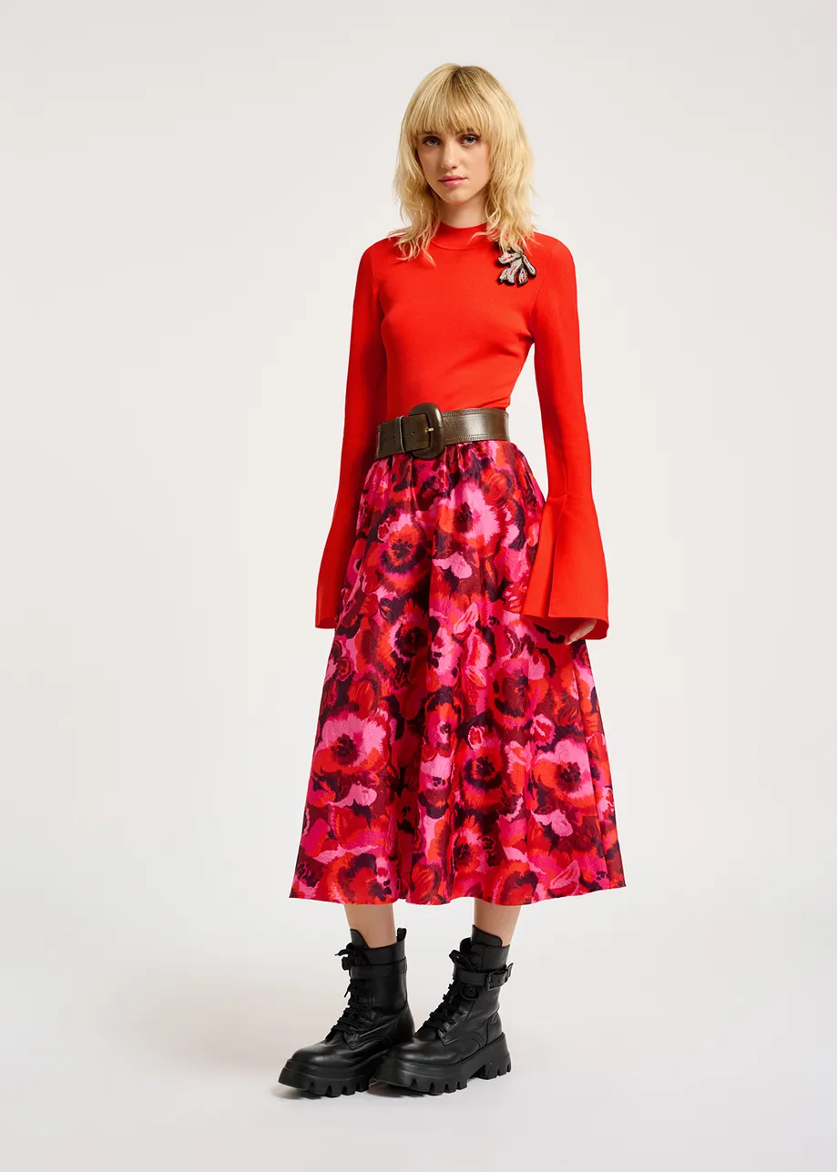Pink, red and purple floral-jacquard midi skirt