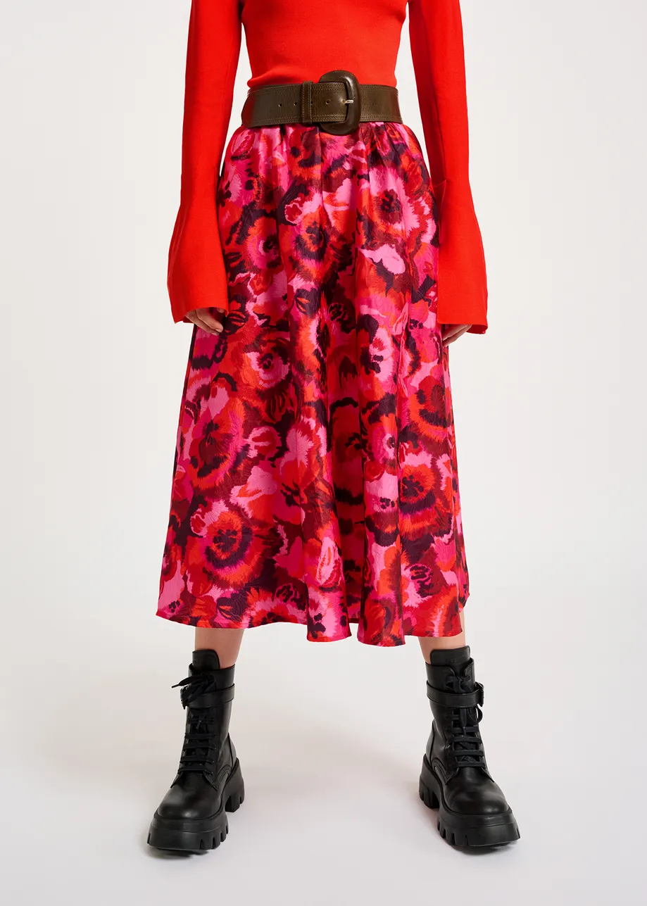 Pink, red and purple floral-jacquard midi skirt