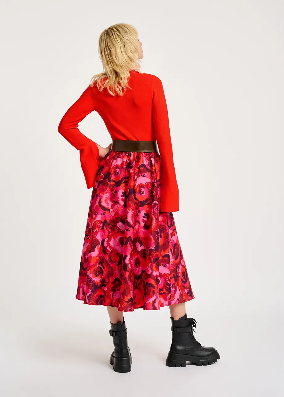 Pink, red and purple floral-jacquard midi skirt