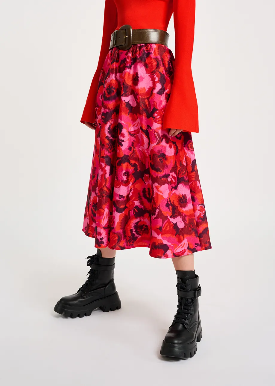 Pink, red and purple floral-jacquard midi skirt