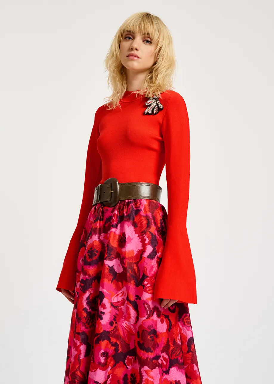 Pink, red and purple floral-jacquard midi skirt