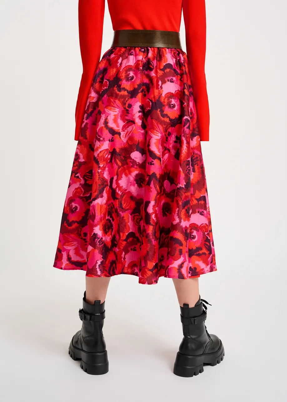 Pink, red and purple floral-jacquard midi skirt