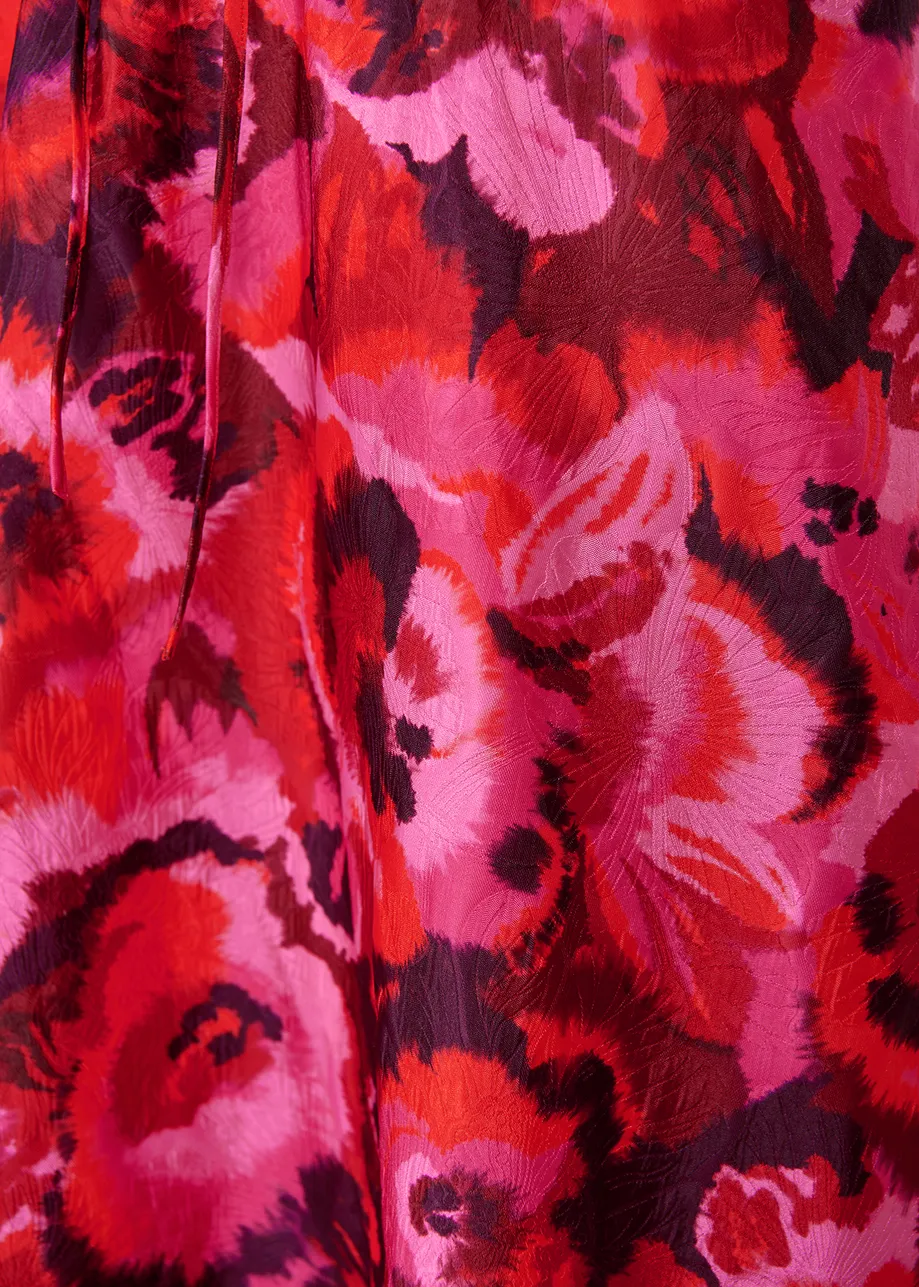 Pink, red and purple floral-jacquard midi skirt