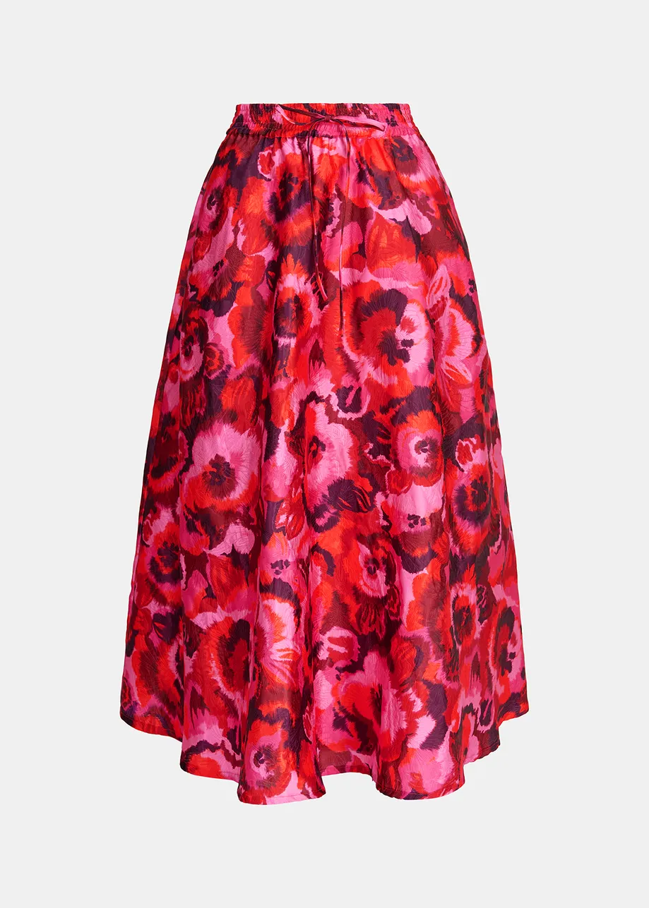 Pink, red and purple floral-jacquard midi skirt