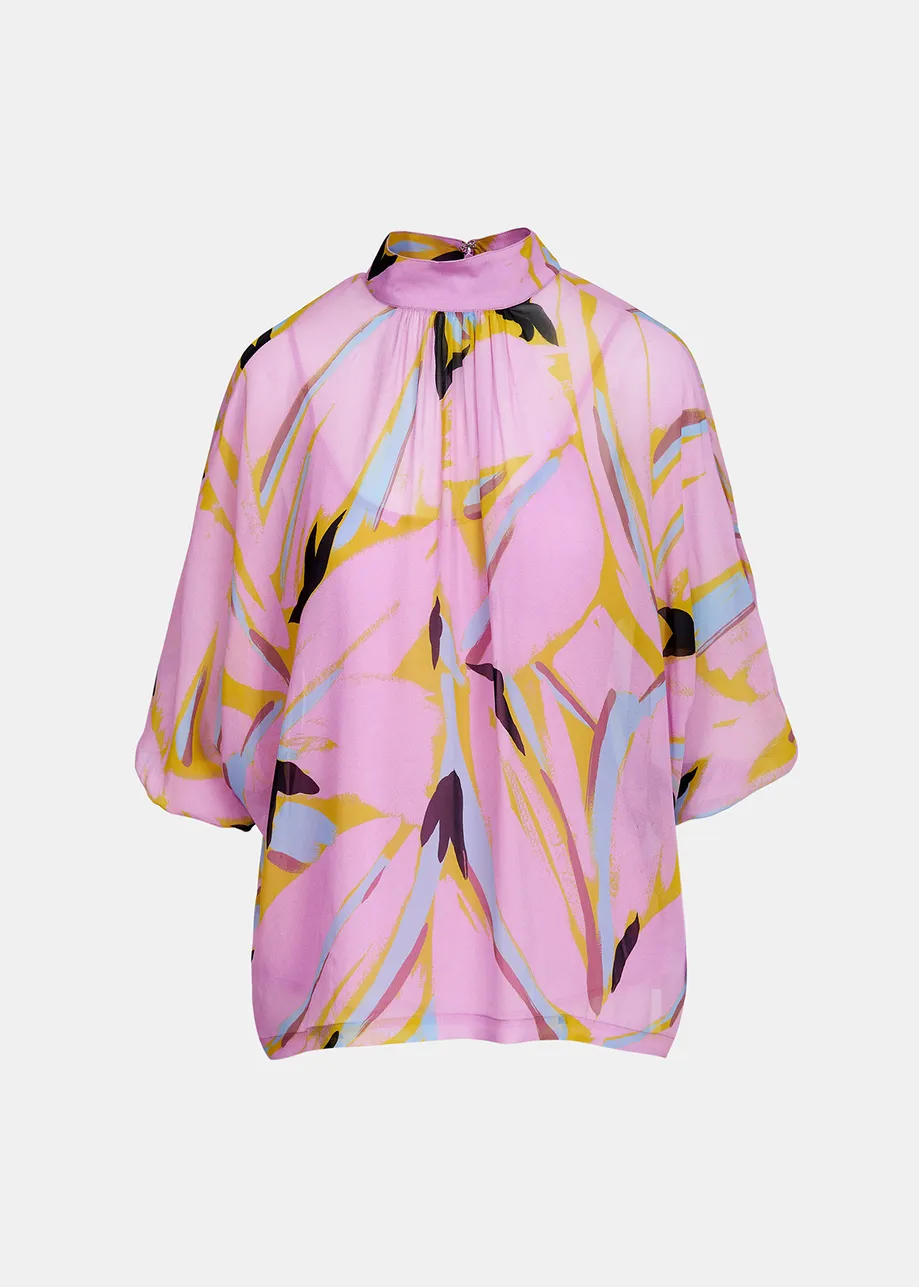 Lilac abstract-print top with puffed sleeves