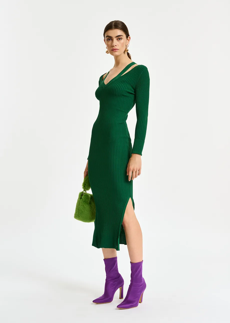Dark green midi-length knit dress
