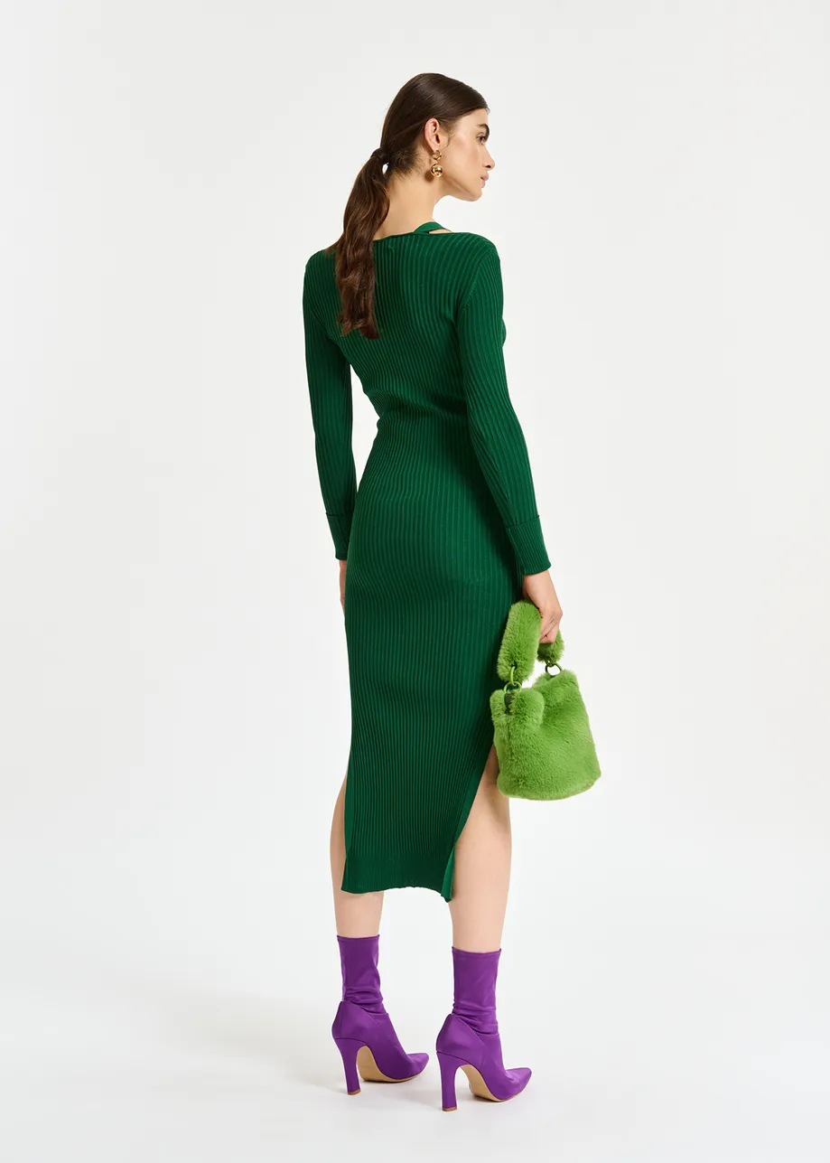Dark green midi-length knit dress