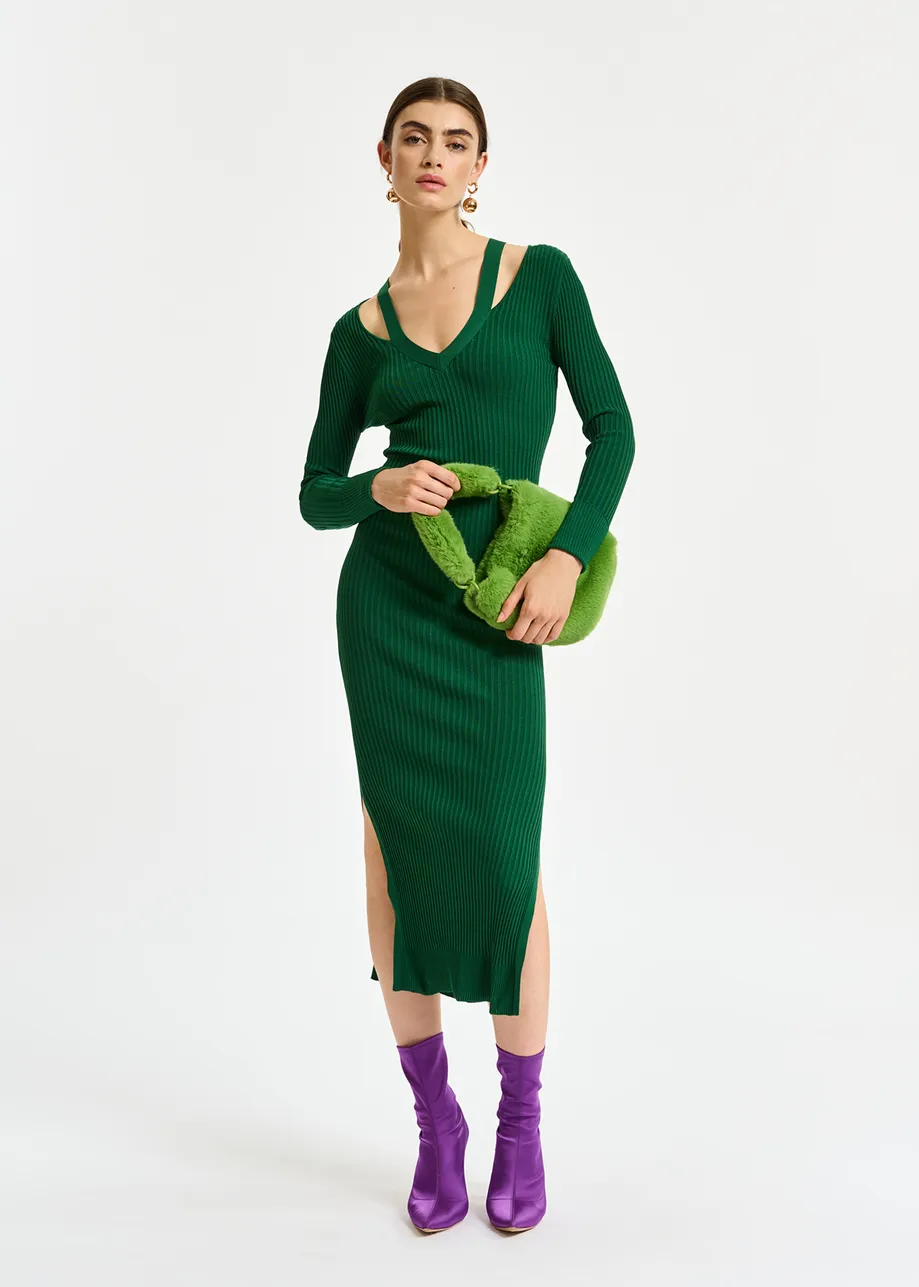 Dark green midi-length knit dress